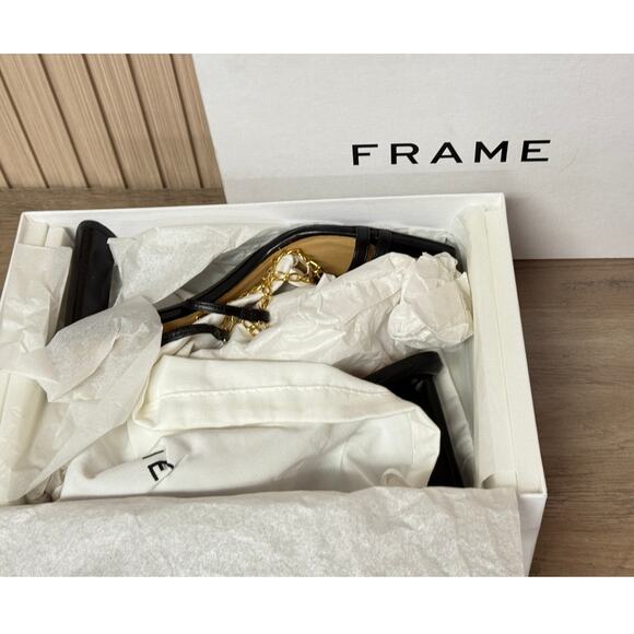 FRAME Le Tati Chain Noir Leather Slingback Sandal Black Gold Chain Size 9 - Picture 12 of 16